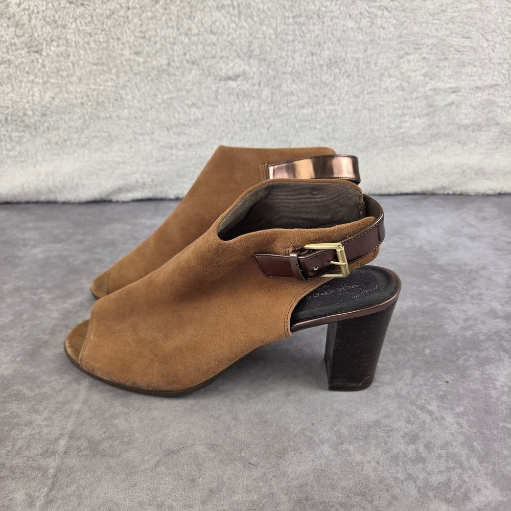 Rockport Total Motion Tan Suede Peep Toe Block Heel Slingback Sandals CG8386 10M